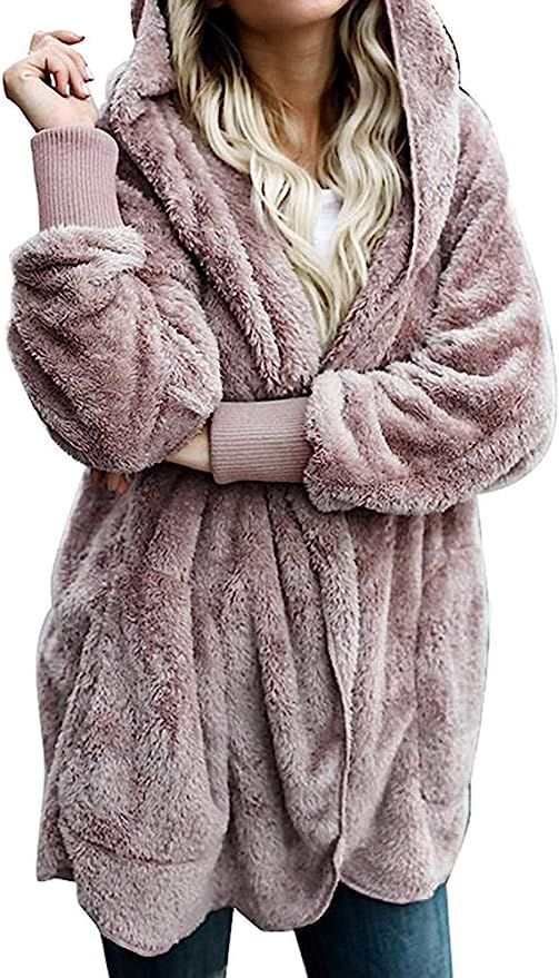 Women Hooded Cardigan Fuzzy Jacket Winter Open Front Fleece Coat Outwear with Pockets | Amazon (US)