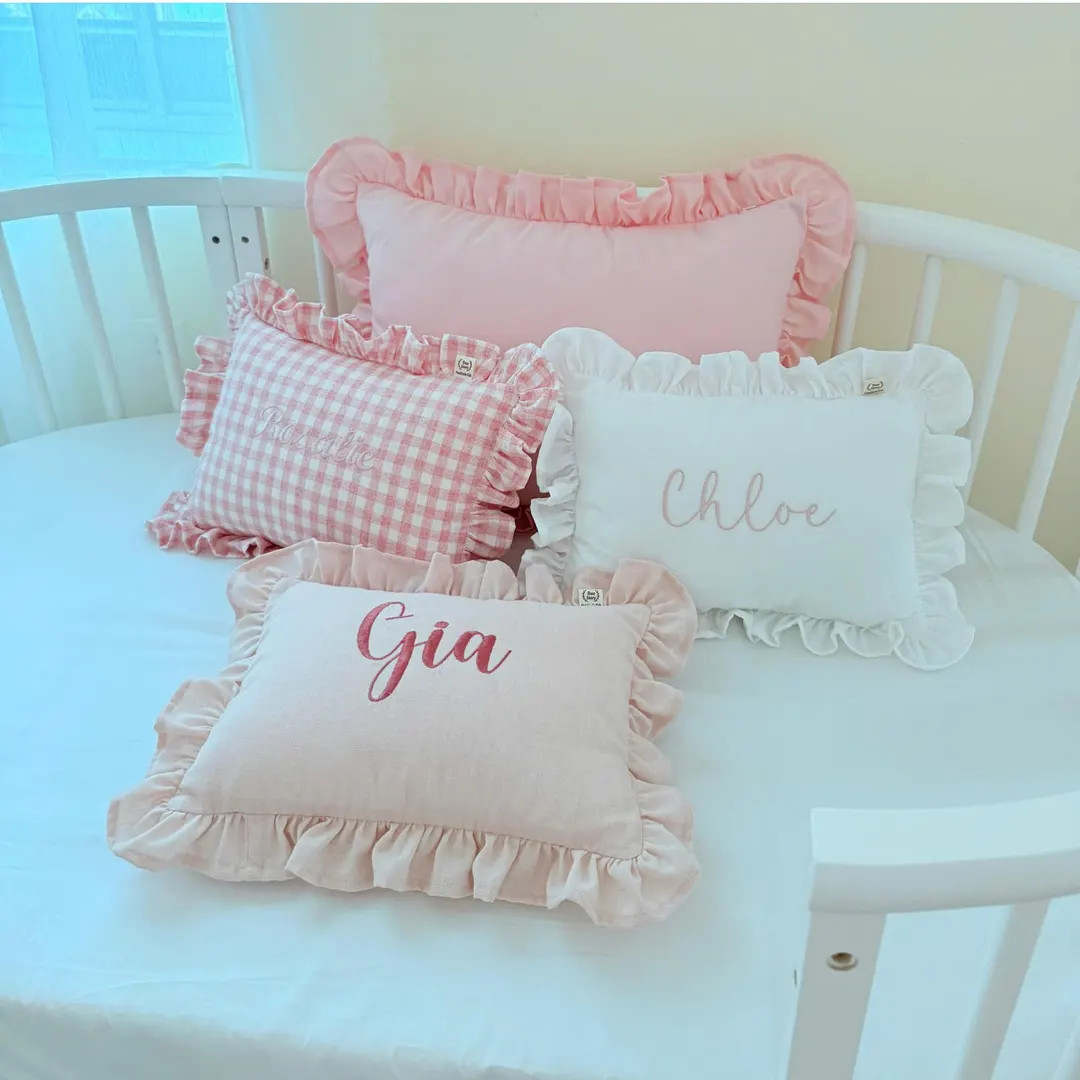 Custom Embroidered Baby Name Pillow With Ruffles | Linen Nursery Cushion | Baby Shower, Newborn, ... | Etsy (US)