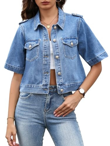 Kedera Cropped Denim Jacket for Women Short Sleeve Button Front Lightweight Summer Jean Jacket | Amazon (US)