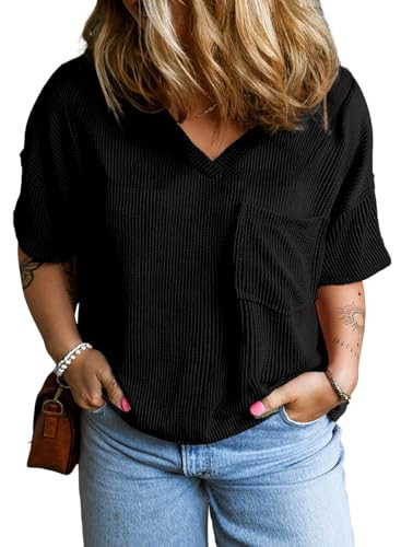 Eytino Plus Size Tops for Women Casual V Neck Short Sleeve Knitted T-Shirts Loose Tunic Blouse,2X Black | Amazon (US)