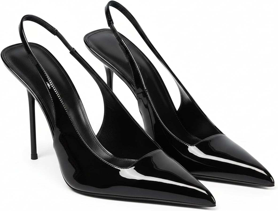Women's Slingback Stiletto High Heels Pointed Toe Slip On Pumps Shoes Patent Leather Stretch Stra... | Amazon (US)