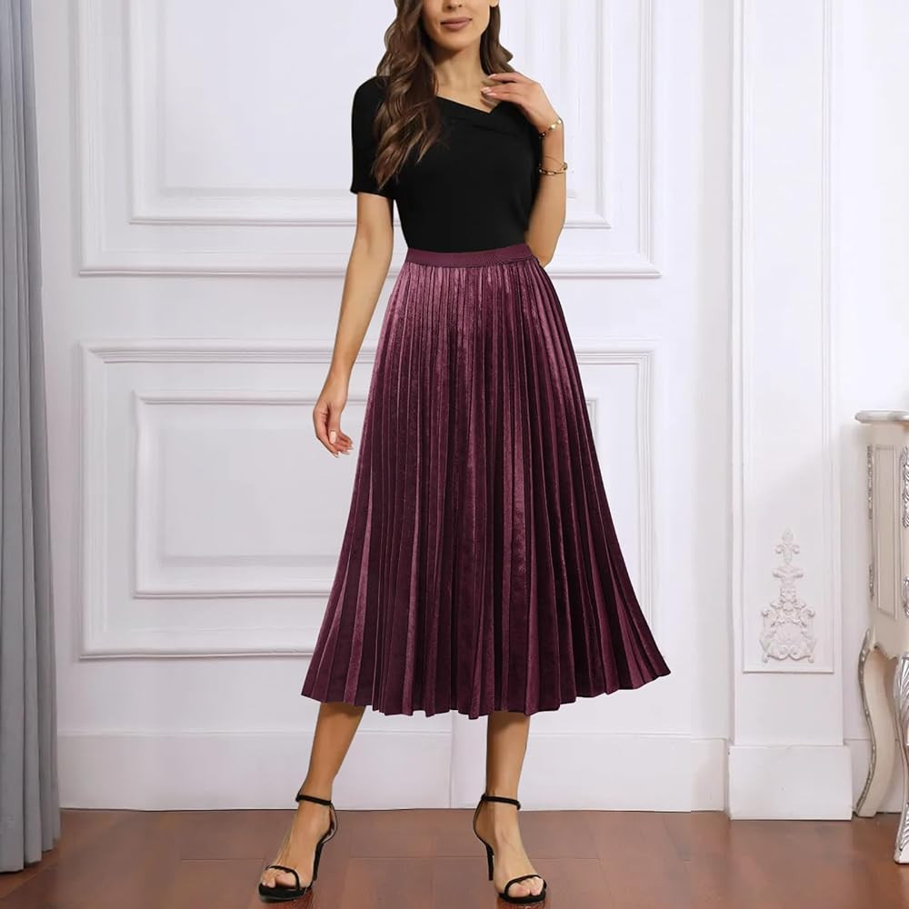 GOOBGS Women's Pleated A-Line High Waist Swing Flare Midi Skirt | Amazon (US)