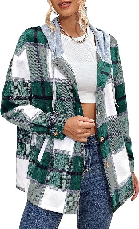 Bbalizko Womens Oversized Plaid Hoodie Jacket Button Down Long Sleeve Drawstring Casual Boyfriend... | Amazon (US)