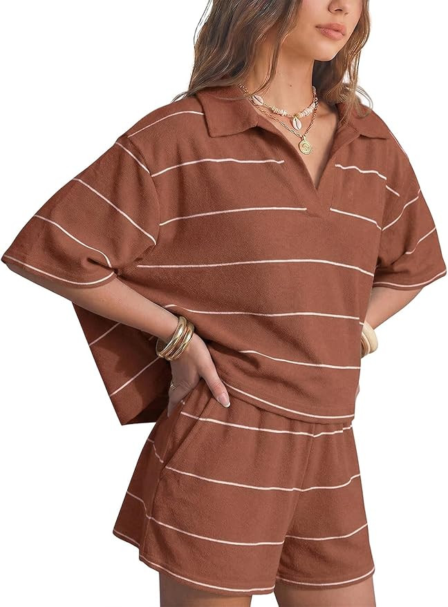 EXLURA Women Summer 2 Piece Outfits Faux Cashmere Sweater Knit Oversized Polo V Neck Top Matching... | Amazon (US)