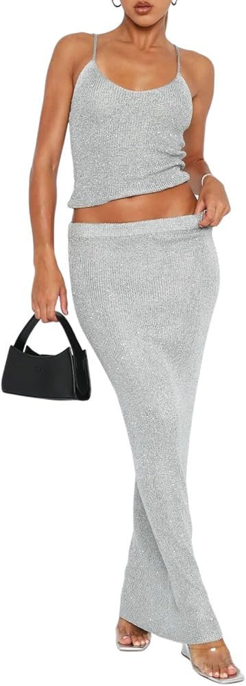 LOFAAC Women Sexy 2 Piece Outfits Y2K Sequin Glitter Knit Scoop Neck Crop Camisole Sparkly Long M... | Amazon (US)