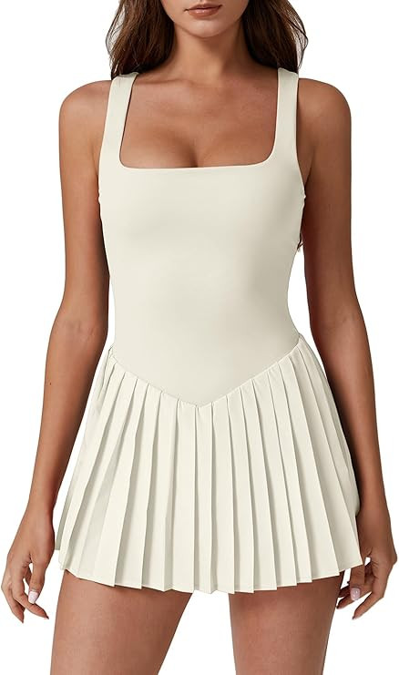 QINSEN Womens Square Neck Tennis Dress Pleated Sleeveless Built in Shorts Golf Athletic Dress wit... | Amazon (US)