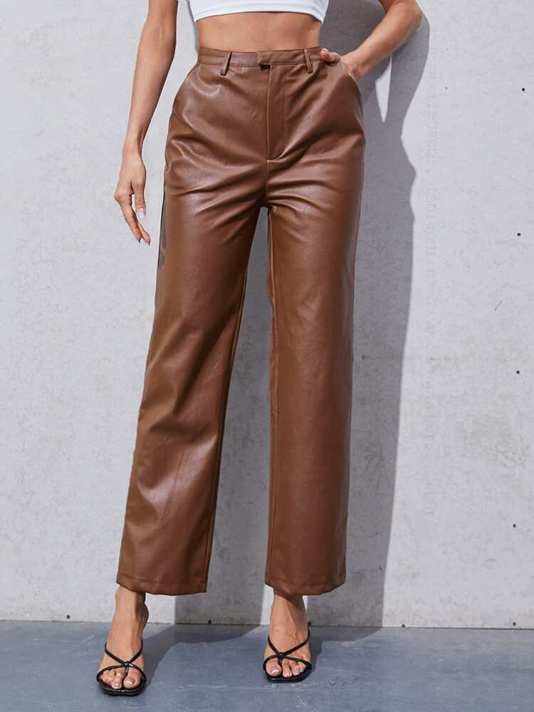 SHEIN High Waist PU Leather Straight Leg Pants | SHEIN