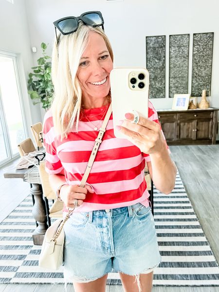 Love this striped T-shirt with denim shorts and sandals. XS tee, 26 shorts (order your true denim size and 8 sandals. Jean shorts summer outfit ideas 


#LTKSeasonal #LTKover40 #LTKstyletip