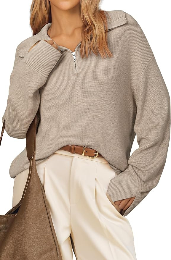 Arach&Cloz Women's Wool Blend Lapel Quarter Zip Fall Winter Trendy Casual Oversized Fit Sweater T... | Amazon (US)