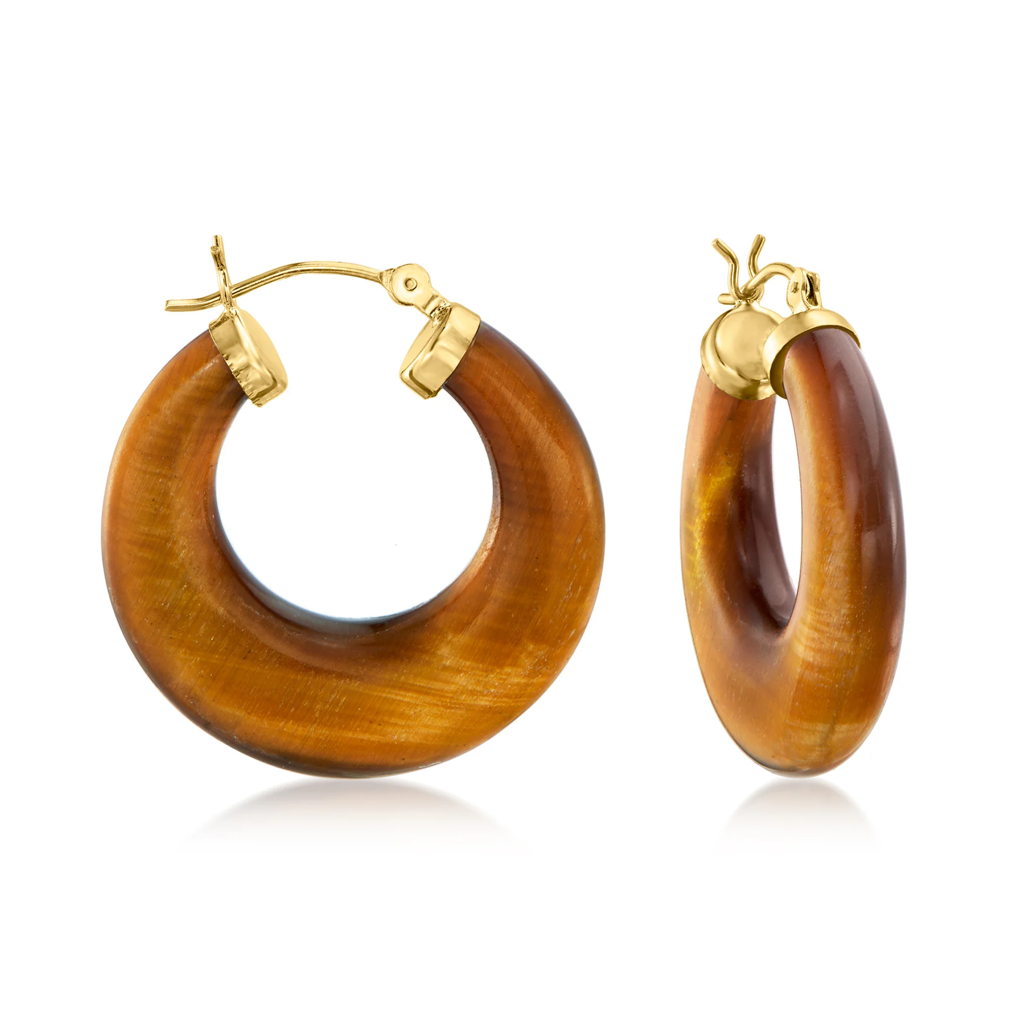 Tiger Eye Hoop Earrings in 14kt Yellow Gold. 1 1/8" | Ross-Simons