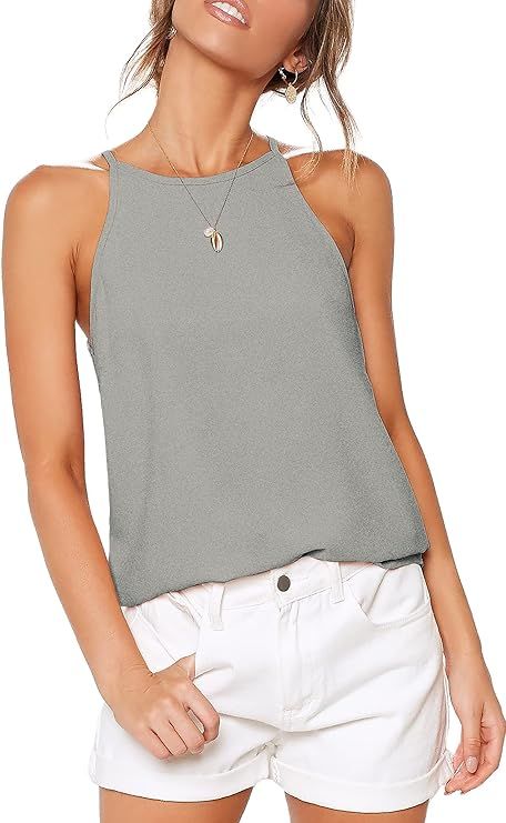 LouKeith Womens Tops Sleeveless Halter Racerback Summer Basic Tee Shirts Cami Tank Tops Beach Blo... | Amazon (US)