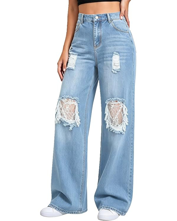 Baggy Jeans for Women Trendy Wide Leg Ripped Distressed Pull On Stretchy Mid Rise Denim Pants 202... | Amazon (US)