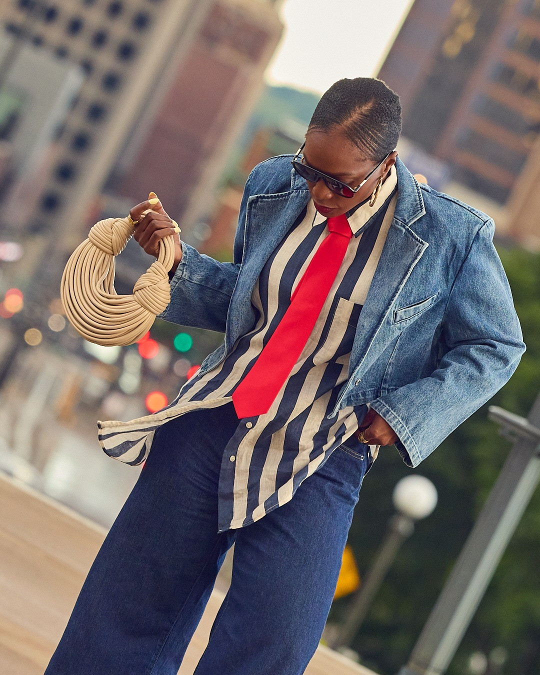 A denim on denim fit! Added a red tie and red pumps for a little spice ❤️💙 how to style a cropped blazer, denim suiting, oversized striped shirt, fashion over 40, elevated casual style, Levi's jeans, Revolve, Sam Edelman, Macy's, Kurt Geiger

#LTKOver40 #LTKootd #LTKSaleAlert