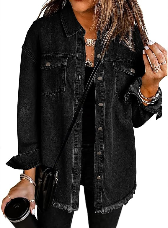 Vetinee Women’s Oversized Button Up Frayed Hem Shacket Long Sleeve Pockets Denim Jean Jacket | Amazon (US)