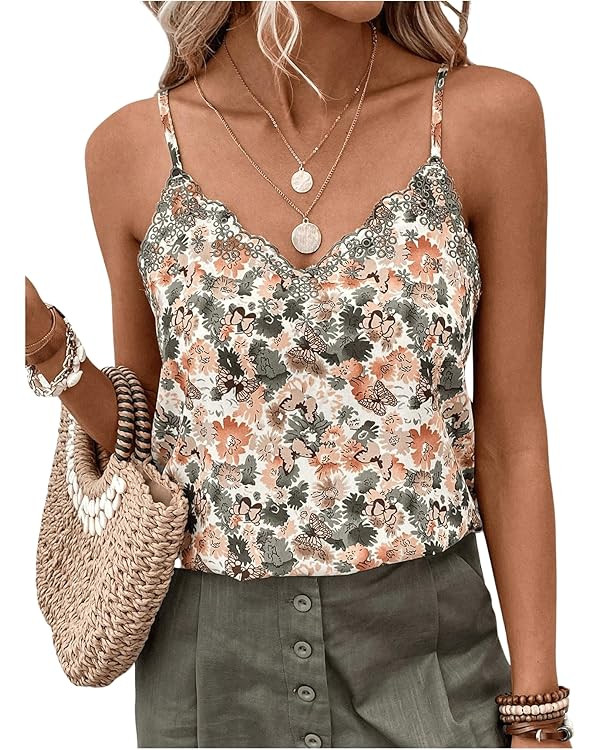 Women's Boho Camisoles Spaghetti Strap Floral Print Cami Top Frill V Neck Tank Tops | Amazon (US)