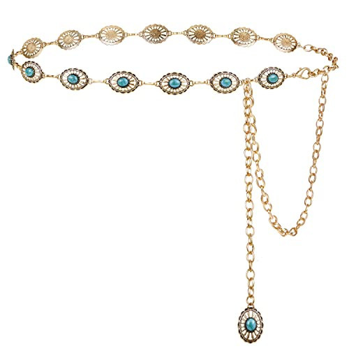 FIORETTO Turquoise Chain Belt for Women, Metal Western Cowboy Cowgirl Waist Chain with Oval Conchos, Boho Country Style Belt for Dress & Jeans, Gold, Length 45inch | Amazon (US)