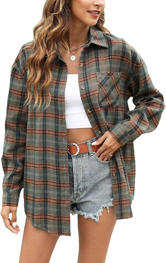 Flannel Shirts for Women Oversized Plaid Soft Flannel Button Down Shirt Blouses | Amazon (US)
