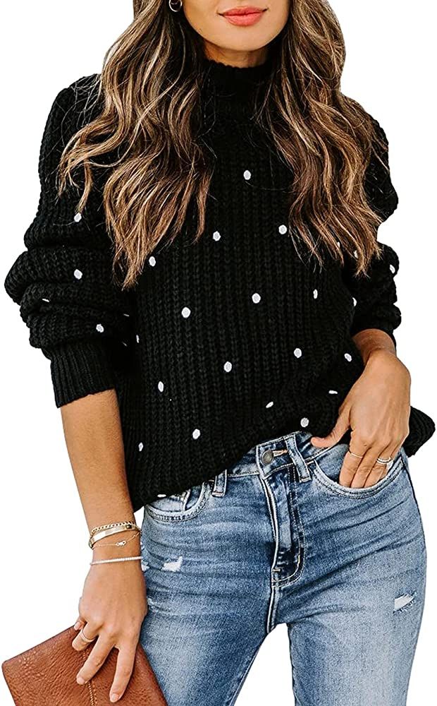 KIRUNDO 2022 Fall Winter Women's Long Sleeve Turtleneck Sweaters Casual Loose Cute Polka Dot Knit Pu | Amazon (US)