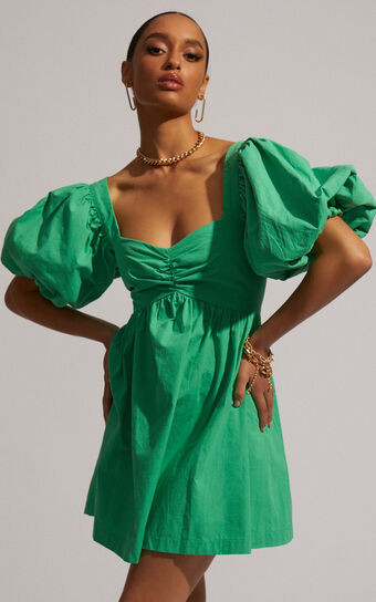 Vashti Mini Dress - Puff Sleeve Sweetheart Dress in Green | Showpo (ANZ)