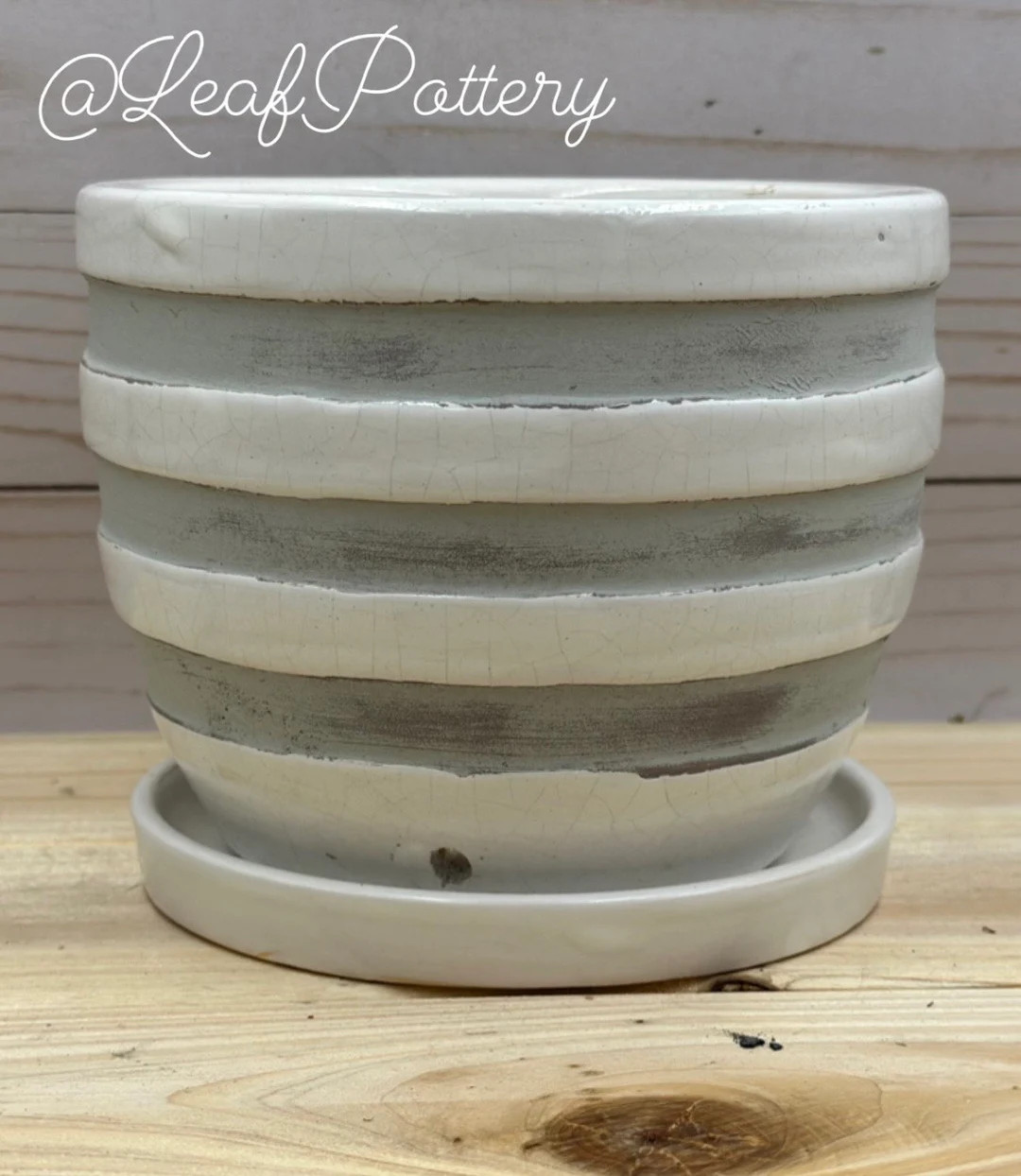 Stripanglewhite/gray Ceramicplanterpot With Saucer Attached/planters and Pots/birthday Gift/gift ... | Etsy (US)