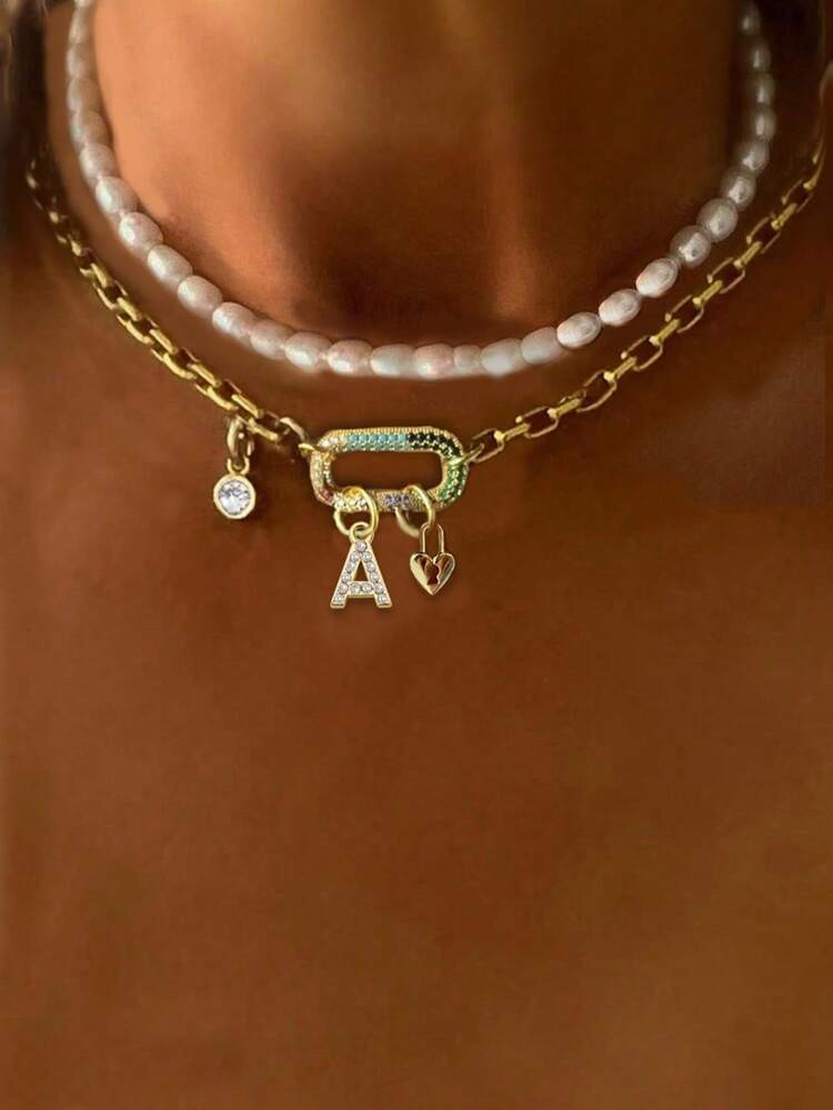 1pc STYLEVER Gold A-Z 26 Letter Necklace, Colorful Diamond Oval Clasp Chain With Gold Beads, Stainless Steel Chain, Unique Elegant Style | SHEIN