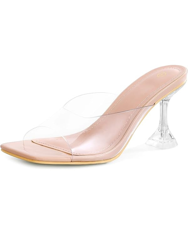 mysoft Women's Clear Heeled Sandals Square Toe Transparent Stiletto Mules Open Toe Slip on Dress ... | Amazon (US)
