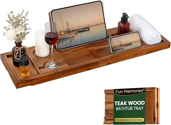Teak Bathtub Tray - Luxury Bath Tray with Expandable Handles, Wine Glass and Phone Holders, Book ... | Amazon (US)