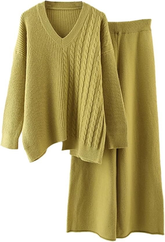 hathne 2 Piece Outfits for Women Sweater and High Waist Wide Leg Pants Lounge Sets Long Sleeve Kn... | Amazon (US)