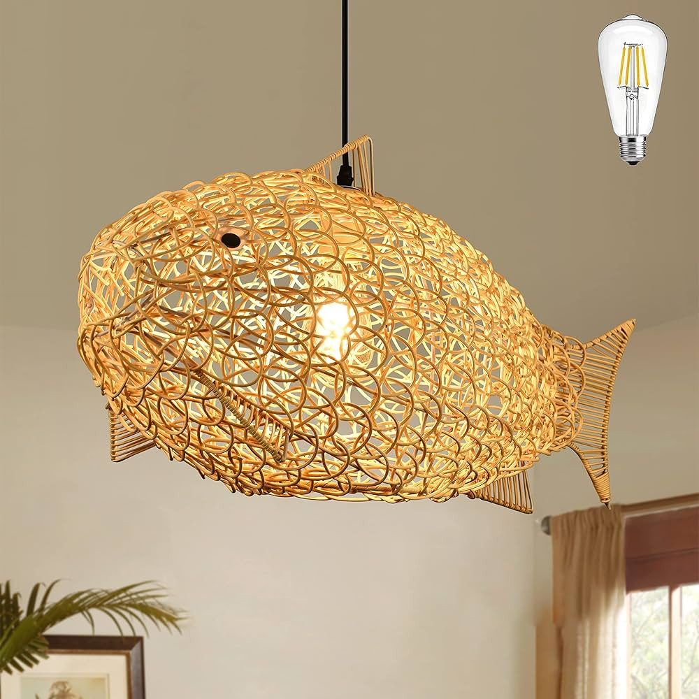 AyshwillDec 24 inch Fish-Shaped Rattan Woven Pendant Light Boho Chandelier Rustic Farmhouse Chand... | Amazon (US)