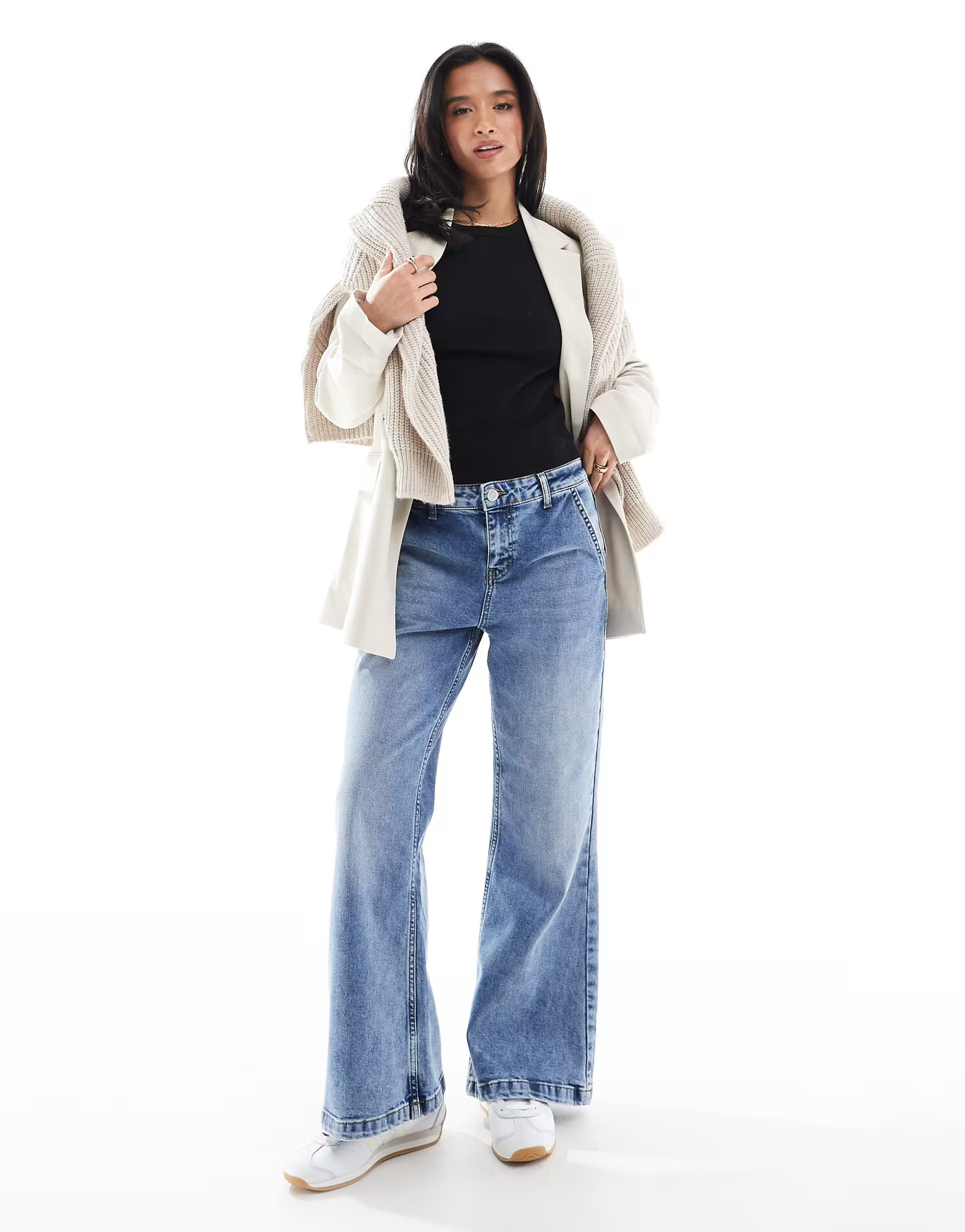 Miss Selfridge Petite  flare wide leg jean in mid blue | ASOS | ASOS (Global)