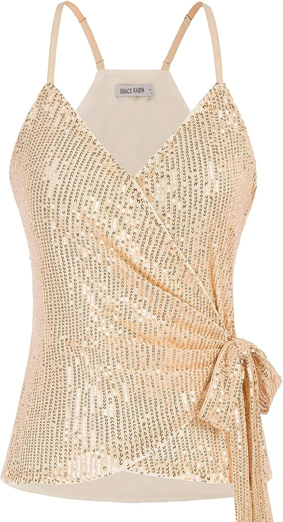 GRACE KARIN Sequin Tops for Women Sparkle Tank Camisole V Neck Sexy Tie Waist Top Party Club Cock... | Amazon (US)