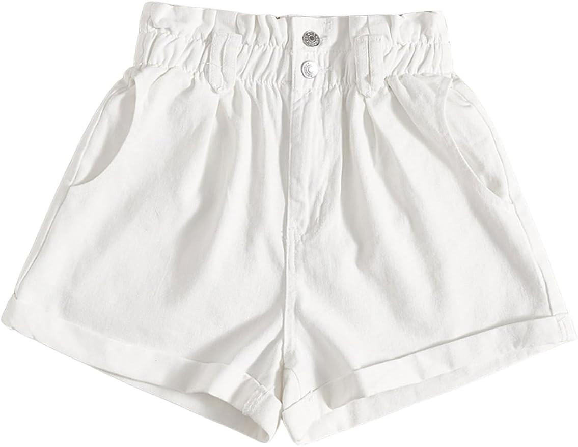 WDIRARA Women's Paper Bag Waist Button Roll Up Hem Denim Shorts with Pockets | Amazon (US)