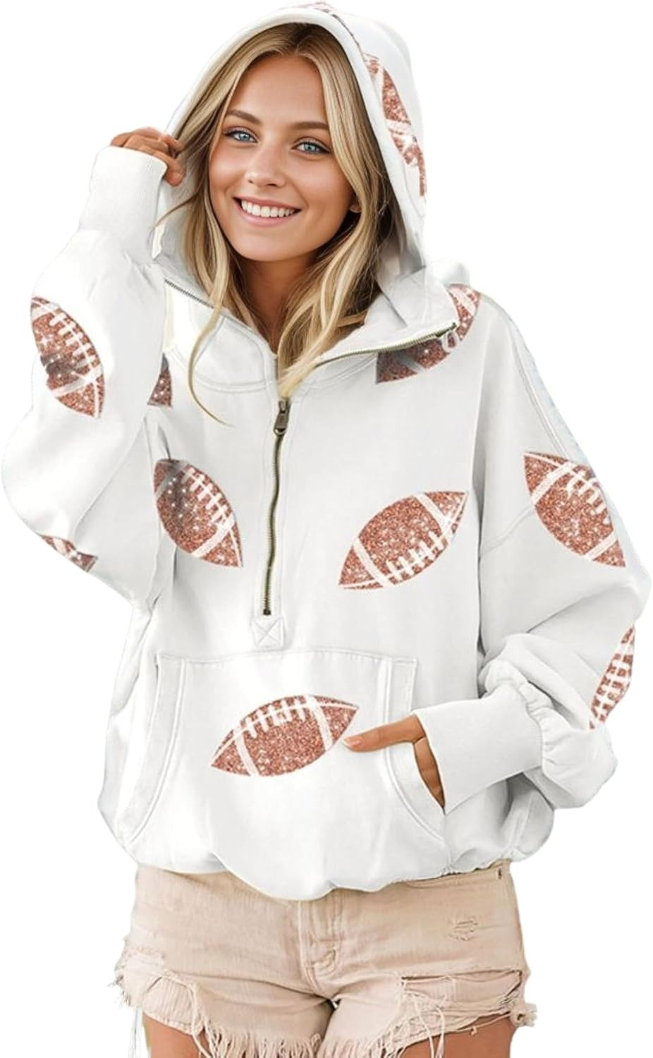 Meyhad Womens Football Sequins Patched Hoodies Casual Half Zip Pullover Sweatshirts with Pocket | Amazon (US)