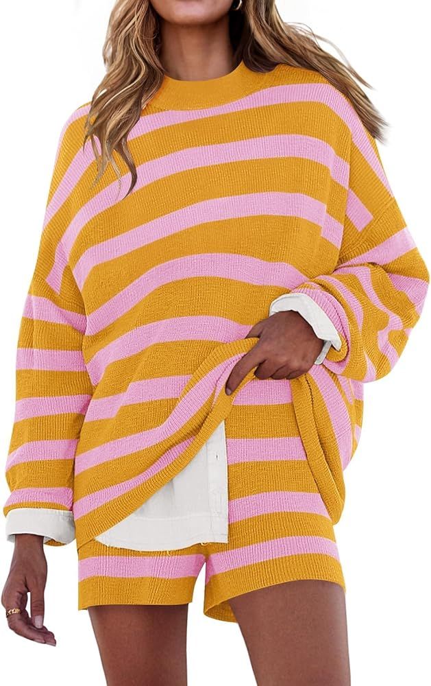 ZESICA Striped Lounge Sets for Women 2 Piece Oversized Outfits Long Sleeve Tops and Shorts Sweate... | Amazon (US)