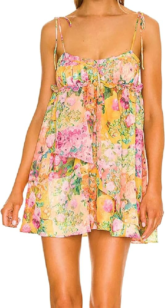 Floral Boho Mini Dress Flowy Chiffon Spaghetti Strap Corset Dress Y2k Floral Summer Dresses for W... | Amazon (US)