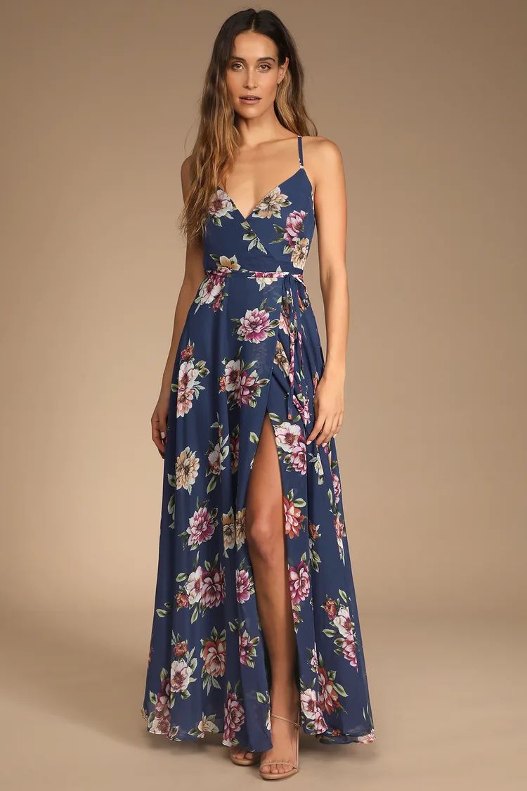Always There For Me Navy Blue Floral Print Wrap Maxi Dress | Lulus