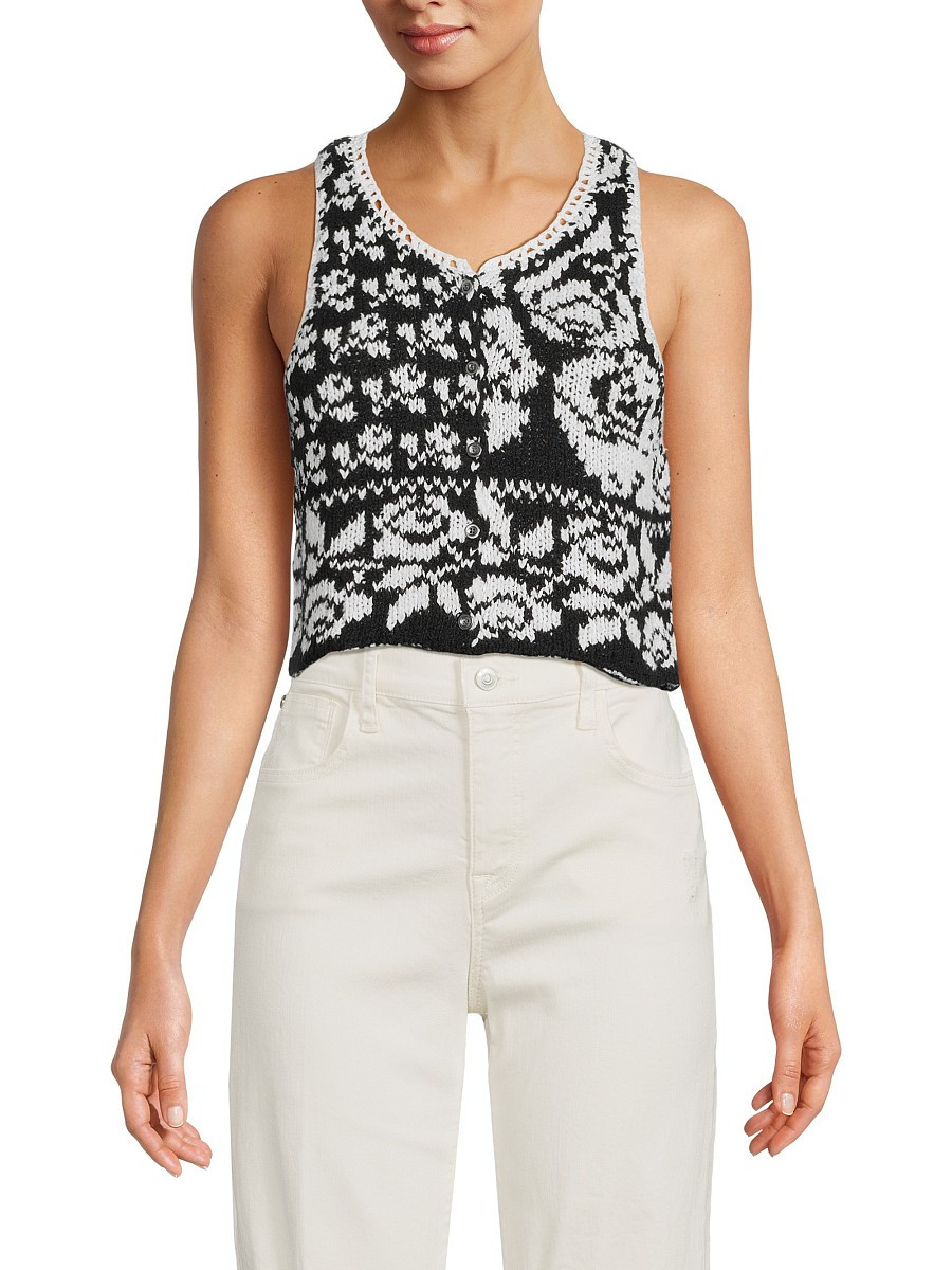 Free People Women's Rosie Button Front Knit Crop Top - Black White - Size M | Saks Fifth Avenue OFF 5TH
