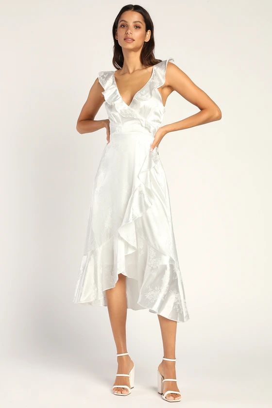 Gorgeous Glow White Satin Floral Jacquard Faux-Wrap Midi Dress | Lulus (US)