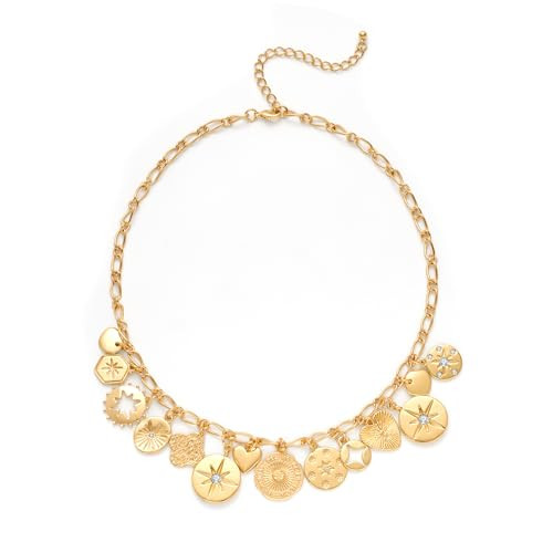 WOWORAMA Gold Charm Necklace for Women Gold Plated Heart Star Sun Coin Pendant Necklace Adjustable Chunky Link Chain Choker Necklace | Amazon (US)