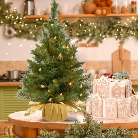 24" Pre-lit Artificial Mini Christmas Tree,Small Xmas Pine Tree with Lights, Tabletop Christmas Tree Battery Operated Green Xmas Tree for Tabletop | Walmart (US)