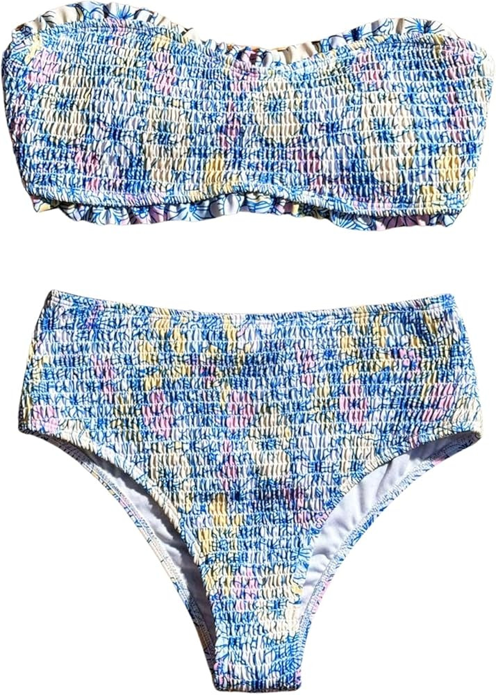 GORGLITTER Women's Floral Strapless Bikini Set Two Piece Bandeau Swimsuit Smocked Bathing Suit | Amazon (US)