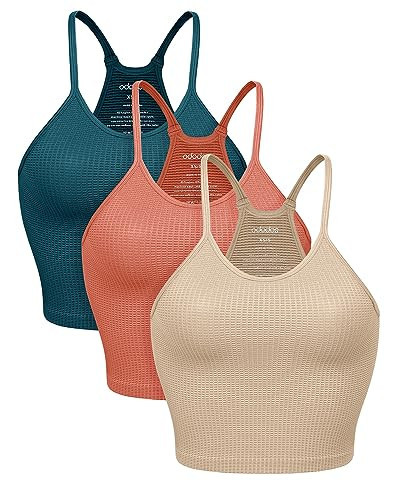 ODODOS Women's Crop 3-Pack Waffle Knit Seamless Camisole Crop Tank Tops, Beige+Coral+Teal, Medium/Large | Amazon (US)