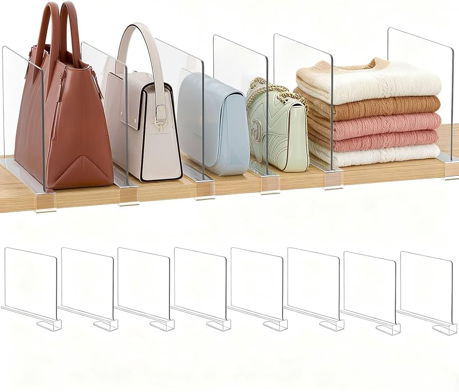 Purse Organizer for Closet Shelf Dividers: 8-Pack Adjustable Clear Acrylic Bag Storage Organizer ... | Amazon (US)