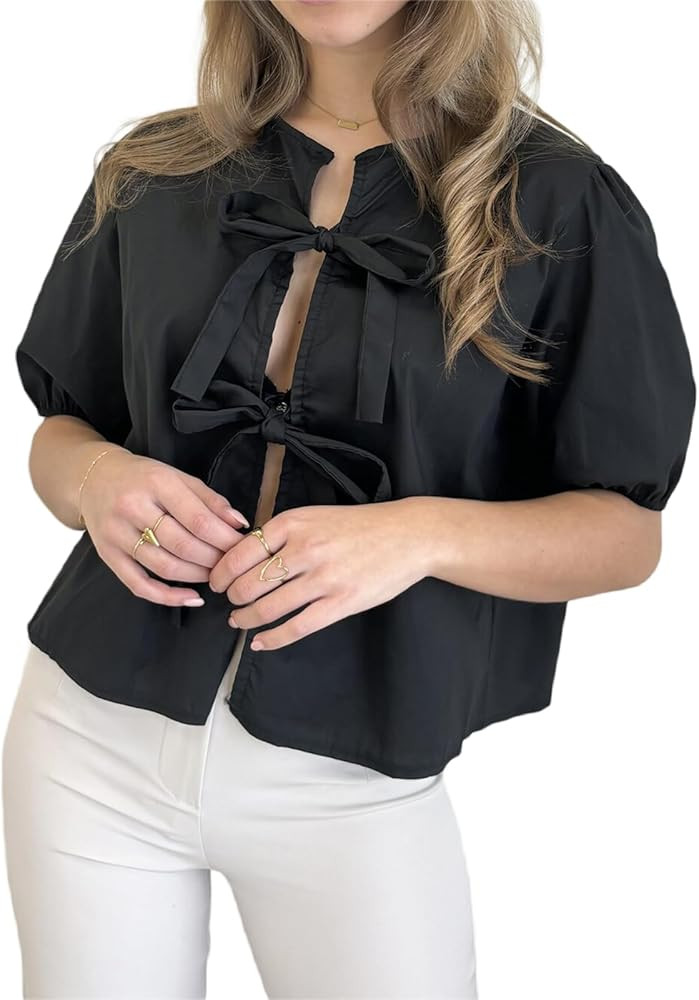 Y2k Peplum Shirt Women Puff Sleeve Tie Front Blouse Ruffle Hem Babydoll Cute Tops Summer Going Ou... | Amazon (US)