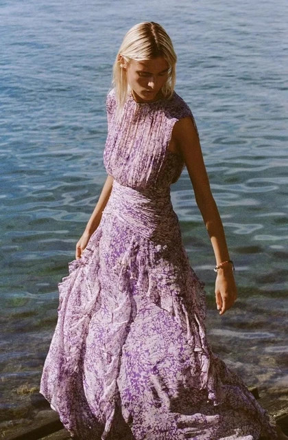 Women Classic Purple Floral Print Ruffled Lace Edge Lady Slim Long Dress | AliExpress (US)