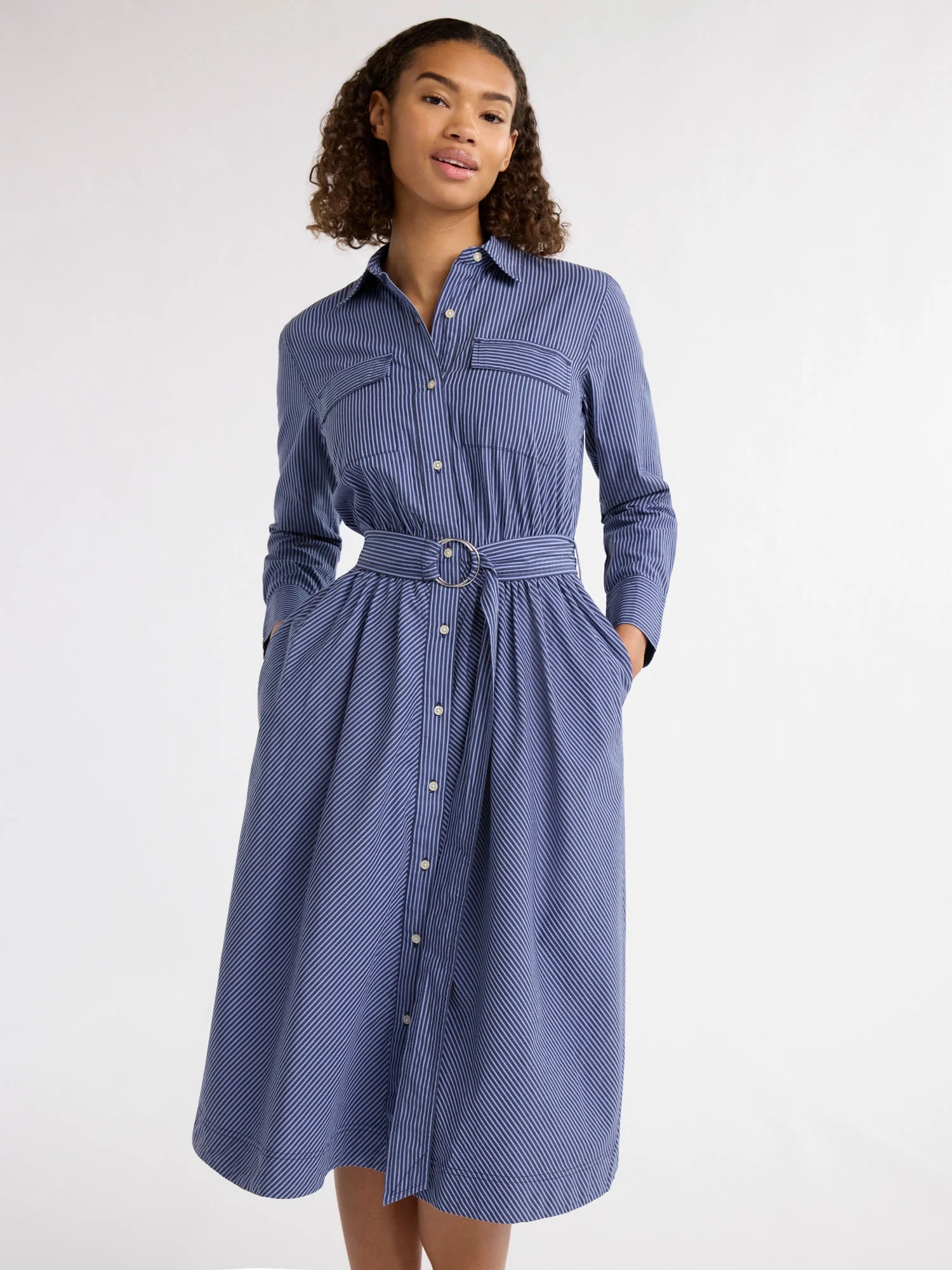 Free Assembly Women's Belted Cotton Midi Shirtdress with Long Sleeves, Sizes XS-XXXL | Walmart (US)