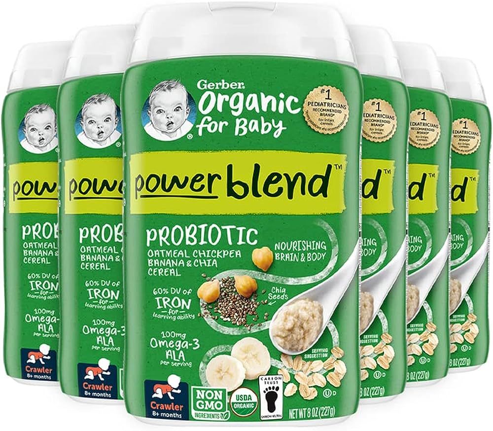 Gerber Organic Baby Food, Crawler, Powerblend, Probiotic Oatmeal Chickpea Banana & Chia Cereal, 8... | Amazon (US)