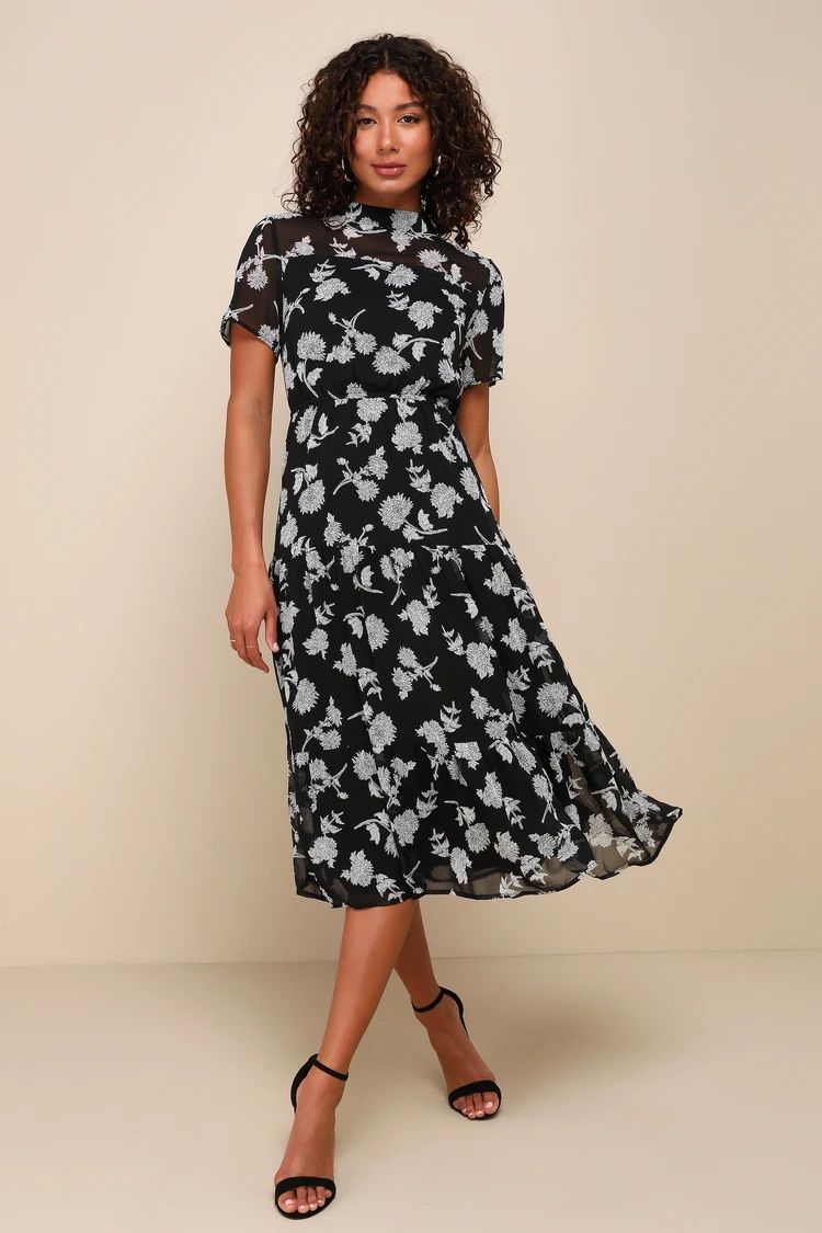 Floral Dressed Up Black Floral Print Midi Dress | Lulus
