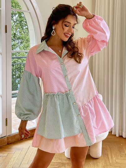 Simplee Lantern Sleeve Colorblock Striped Shirt Dress | SHEIN