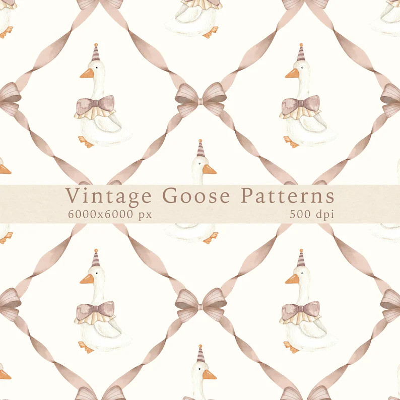 Watercolor Goose Seamless Pattern, Beige Bows Vintage Print, Cute Nursery Goose Clipart, Printing... | Etsy (US)